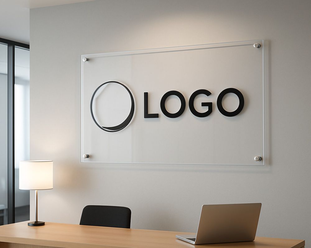 Alt text Acrylic wall panel mounted behind a reception desk in a modern office
