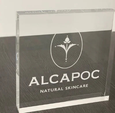 Acrylic engraving sample, branded logo block for natural skincare