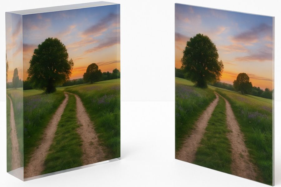 Side-by-side comparison of an acrylic mounting block and an acrylic photo panel