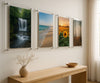 Transparent acrylic mounted photos displayed on a modern living room wall with natural light and minimalist decor.