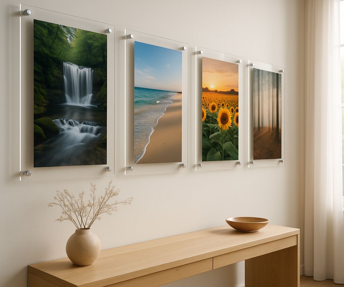 Transparent acrylic mounted photos displayed on a modern living room wall with natural light and minimalist decor.